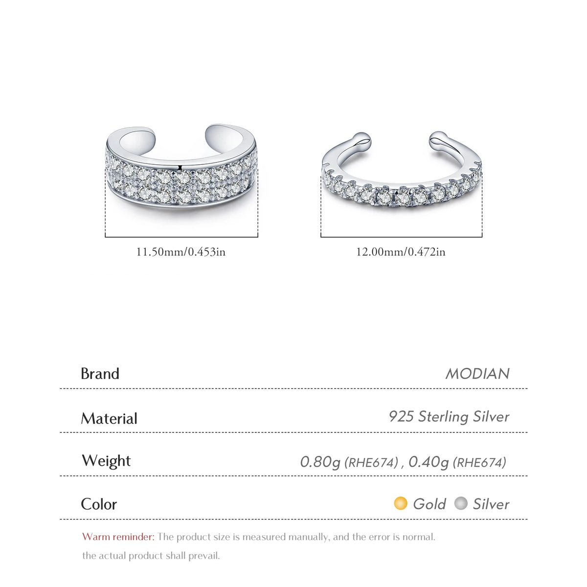 MODIAN 925 Sterling Silver Fashion Punk Cuff Earrings Sparkling Clear CZ Sparkling Clip Earrings For Women Men Unisex Jewelry