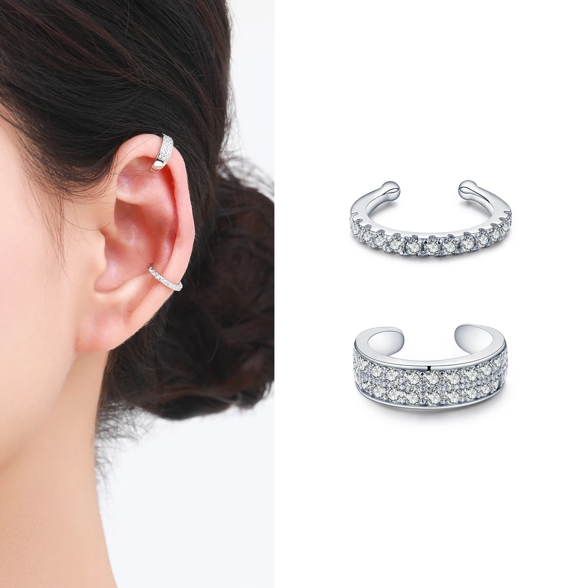 MODIAN 925 Sterling Silver Fashion Punk Cuff Earrings Sparkling Clear CZ Sparkling Clip Earrings For Women Men Unisex Jewelry