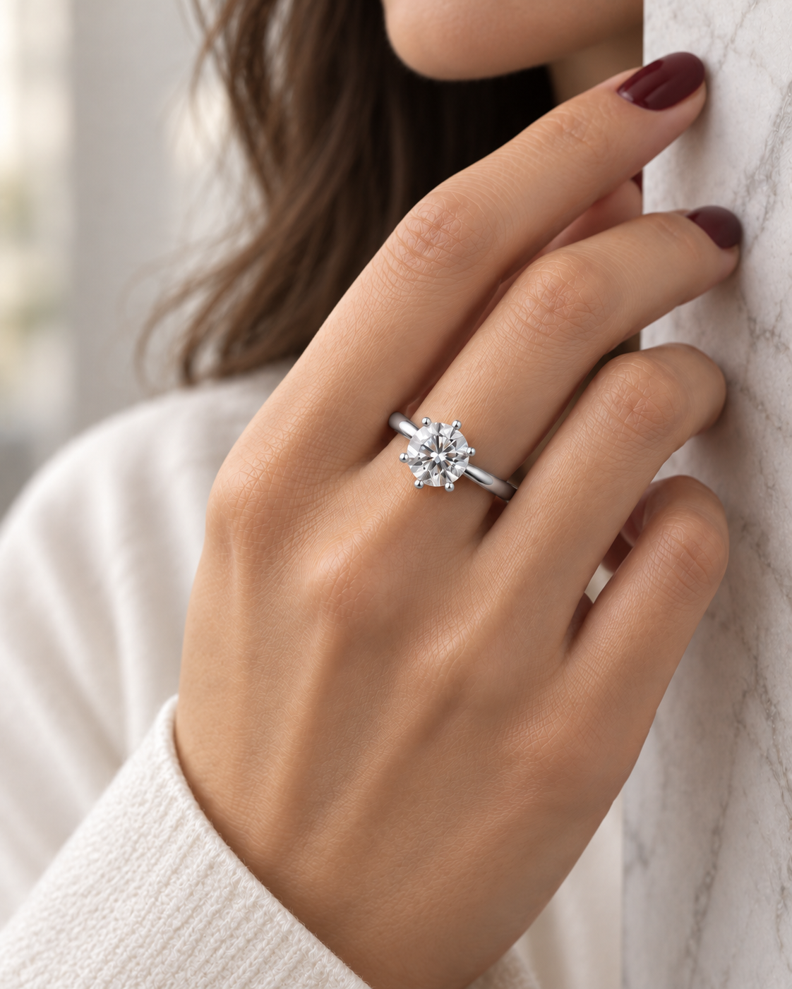 Anel Solitário Moissanite 6 Pinos 5 Quilates na mão de modelo
