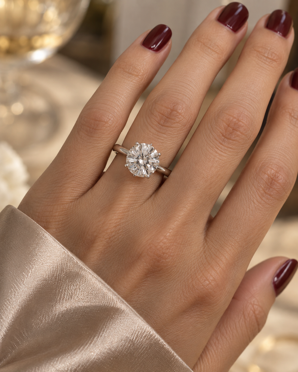 Anel Solitário Moissanite Certificada 5 Quilates na mão de modelo
